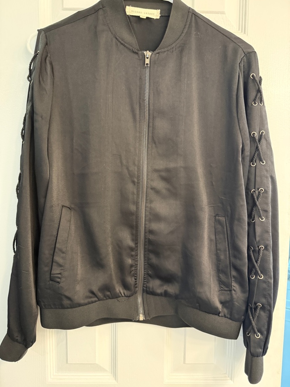 Gilded Intent Black Lace-Up Sleeve Bomber Jacket